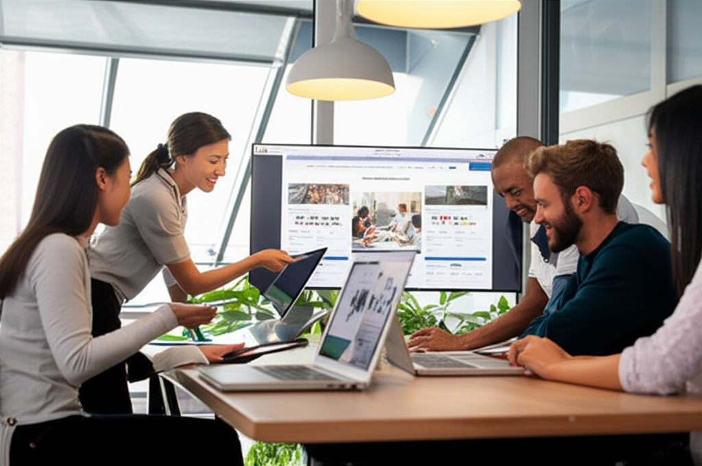 Healthcare professionals collaborating on website design and digital marketing strategies